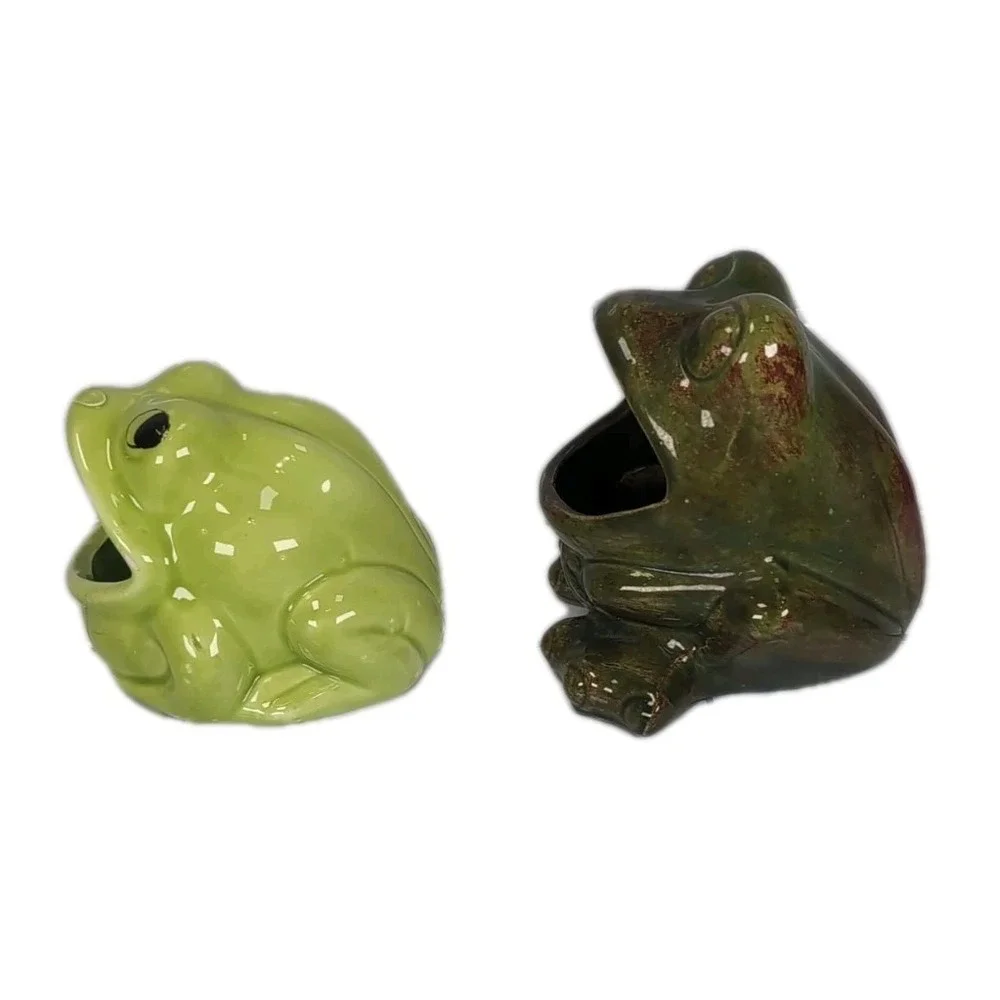 2 Vintage Frogs Ceramic Open Mouth Succulent Planters Pots Or Sponge Holders Set